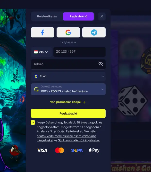 Goldbet regisztrációs űrlap — a kötelező mezők és a pénznem-választó megjelenítése